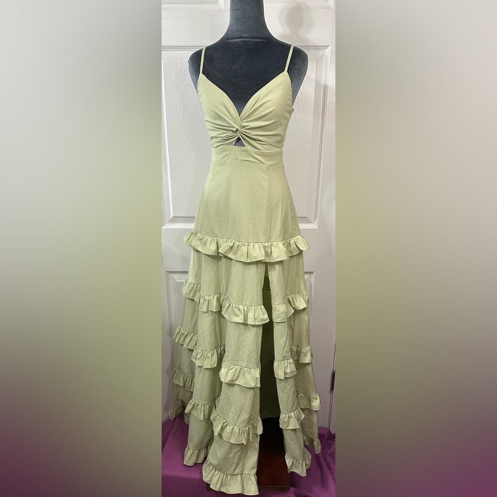 Main Strip Light Green Ruffle Maxi Dress Long Slit. Spaghetti Straps adjustable